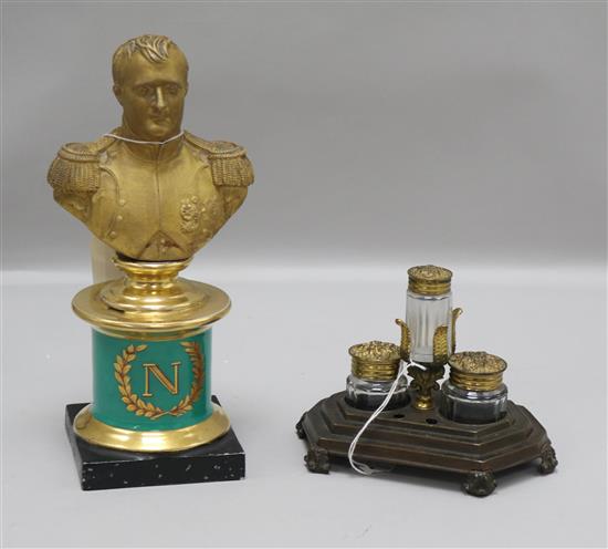 A desk tidy and a bust of Napoleon bust height 23cm